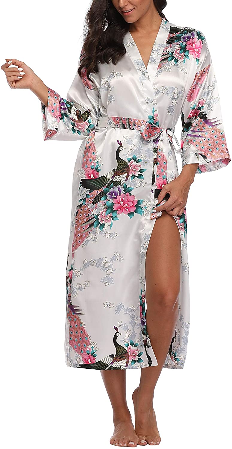 Price:$12.99 Womens Peacock Long Satin Bathrobe Kimono Nightgown Long Dress Gown at Amazon Women’s Clothing store