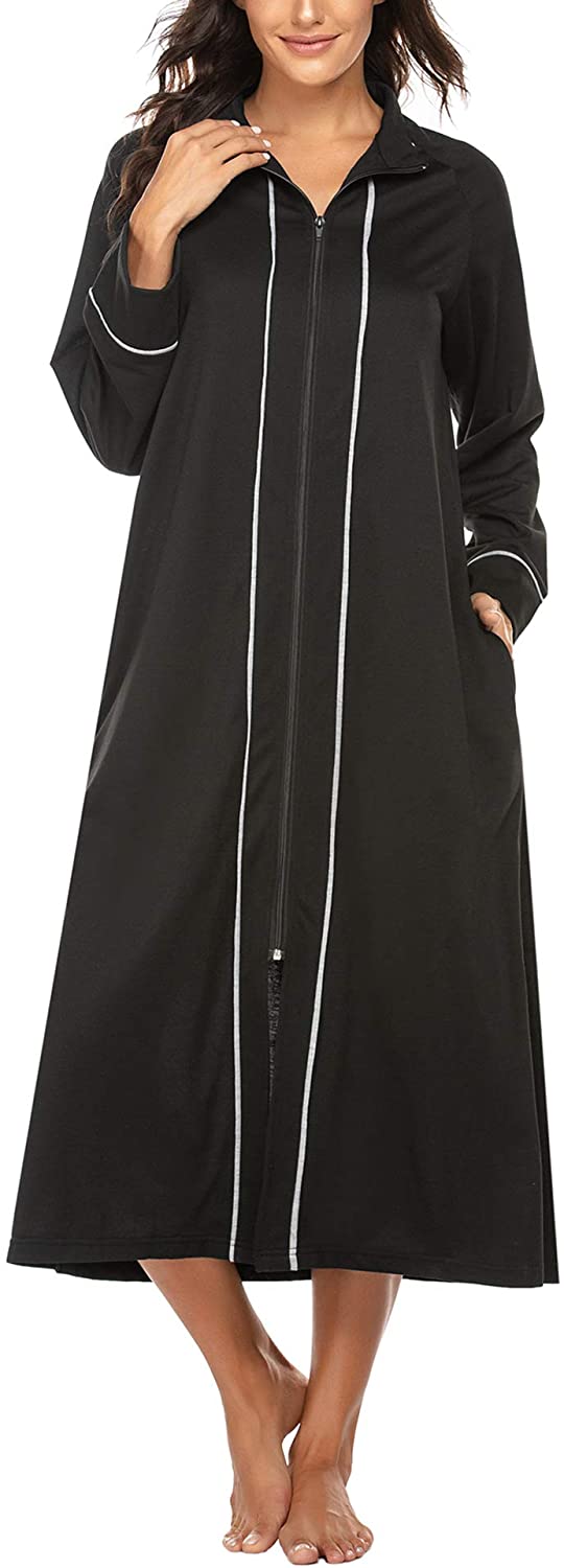 Price:$17.02 Ekouaer Women Long House Coat Zipper Front Robes Full Length Nightgowns with Pockets Stand Collar Loungewear at Amazon Women’s Clothing store