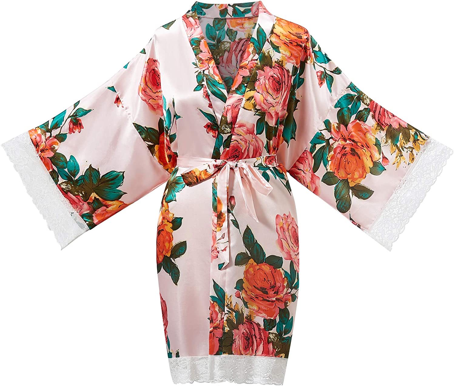Price:$13.88 ALHAVONE Women's Bride Bridesmaid One Size Rose Silky Short Kimono Lace Robe for Wedding Getting Ready (Pink) at Amazon Women’s Clothing store
