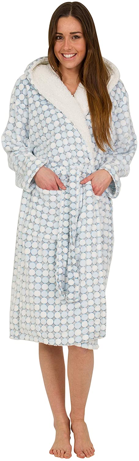 Price:$19.99 Women's Soft Hooded Robe - Blue 3D Fleece Fabric with Cream Hood Lining at Amazon Women’s Clothing store