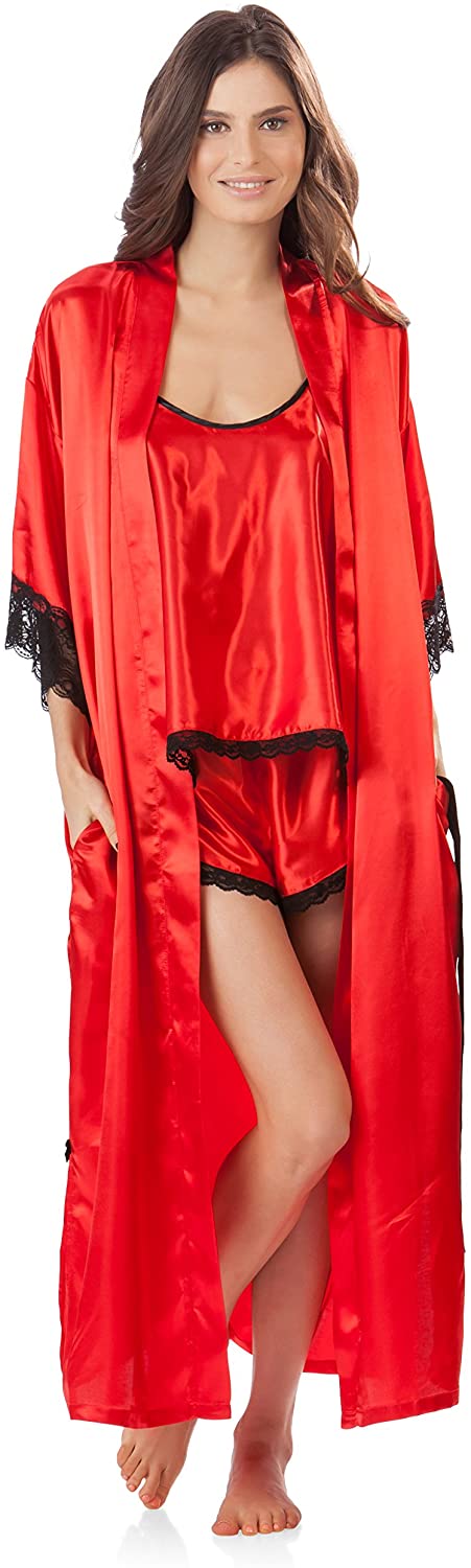 Price:$30.39 Ashford & Brooks Women's 3 Piece Satin Long Robe and Pajama Set at Amazon Women’s Clothing store