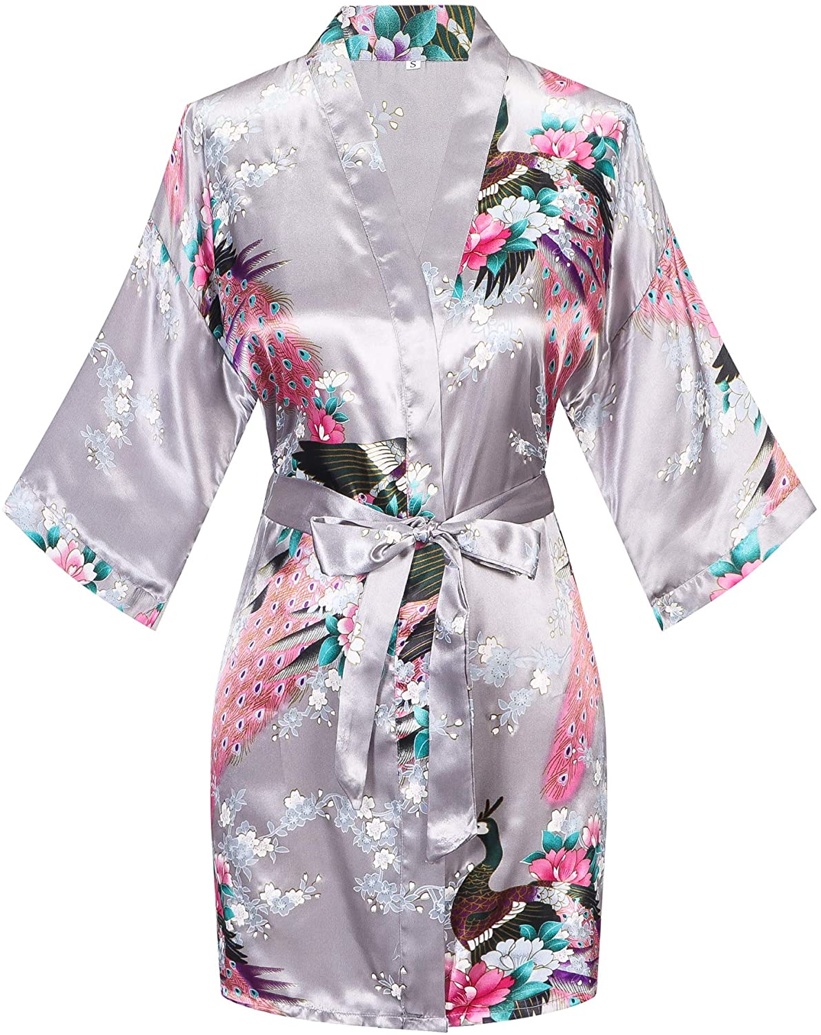 Price:$2.99    Womens Short Kimono Robes Satin Floral Bathrobe Dressing Gown for Bride Bridesmaid Wedding Bridal Party  Clothing