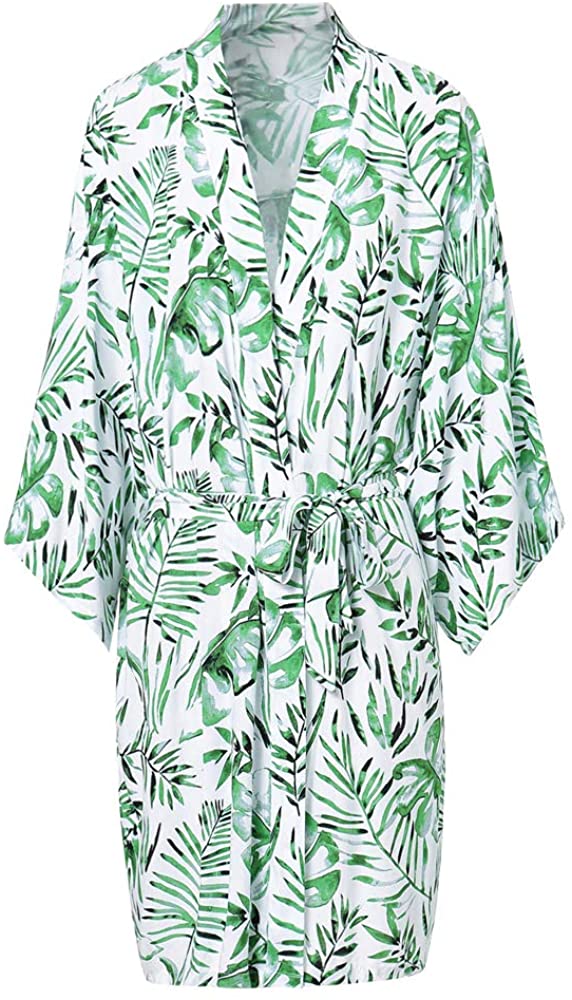Price:$18.99 Women's Palm Leaf Print Robe Green Tropical Destination Wedding Bridesmaid Gift Cotton Bridal Party Wedding Favor at Amazon Women’s Clothing store