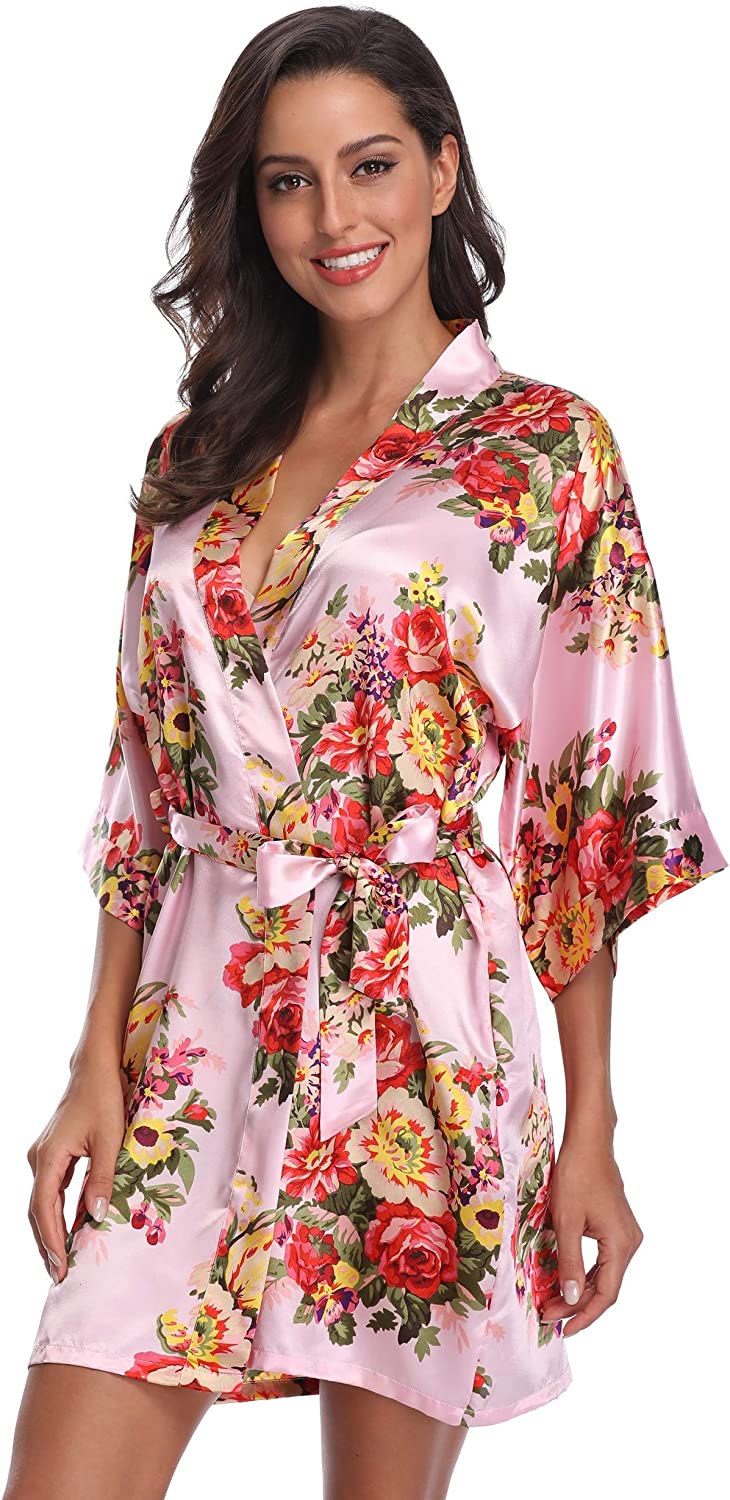 Price:$15.99 SUGAR JAN Women's Short Floral Satin Robes for Wedding Getting Ready Robe Silky Nightgowns with Pockets at Amazon Women’s Clothing store