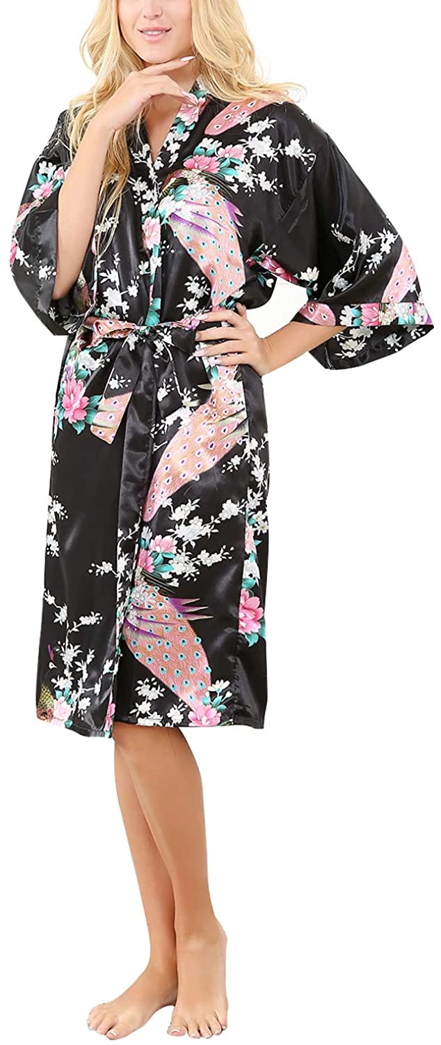 Price:$11.59 Plus Size Satin Kimono Robe for Women Full Length Silk Printed Peacock Robe Long for Wedding Bridesmaid Party at Amazon Women’s Clothing store