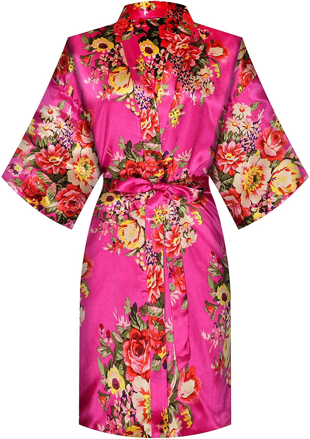 Price:$9.99 MORFORU Women Bride Bridesmaid One Size Silky Satin Floral Kimono Robe Sleepwear for Wedding Party Getting Ready, Short (Rose) at Amazon Women’s Clothing store