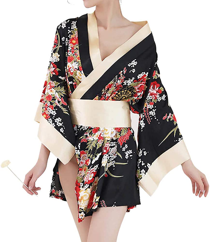 Price:$19.80 Short Kimono Robe Adult Sexy Floral Deep V-Neck Satin Nightwear Bathrobe Japanese Outfit Black at Amazon Women’s Clothing store