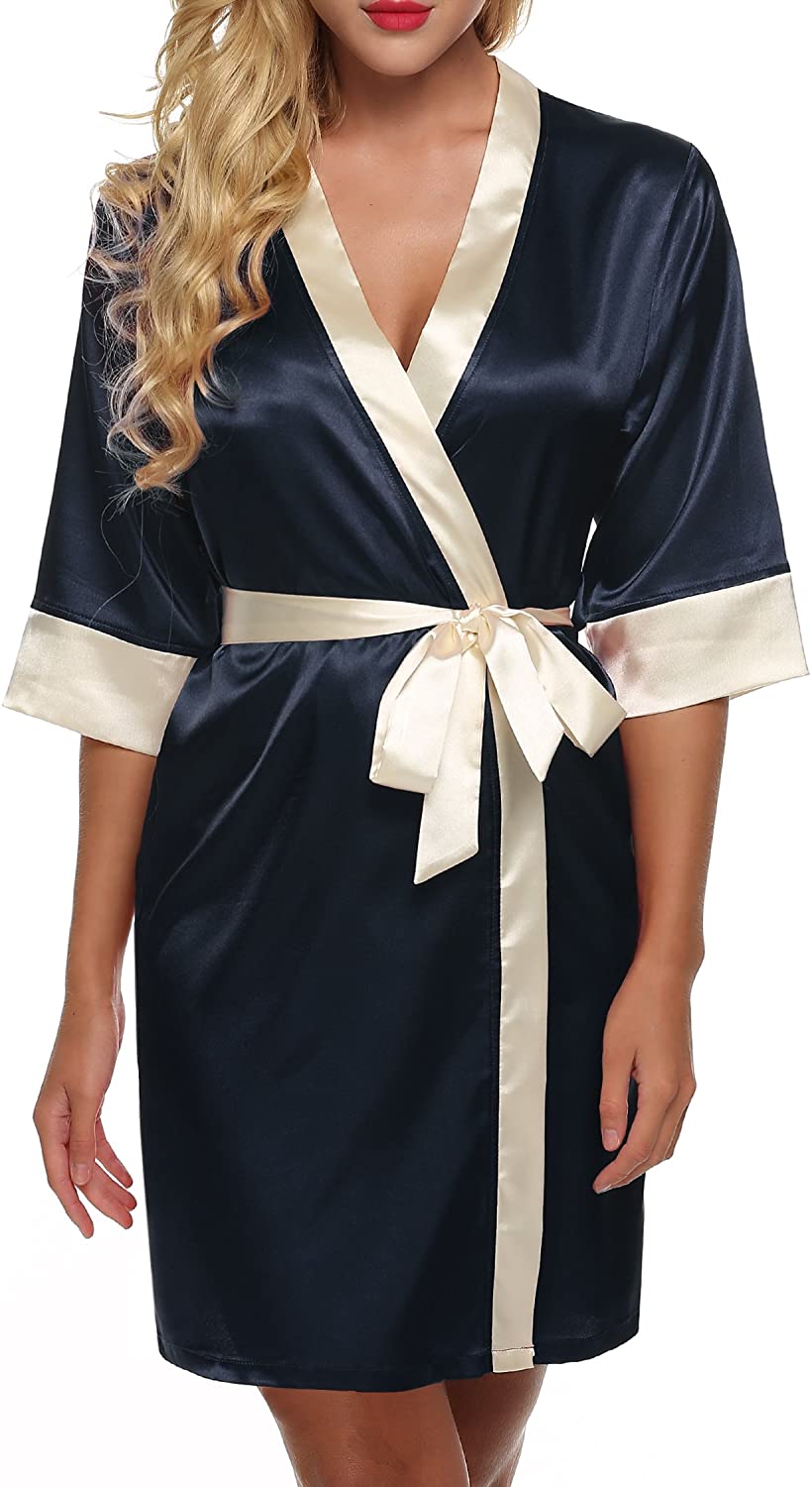 Price:$14.99 Ekouaer Women's Kimono Robe 2/1 Sleeved Nightgown Robe Silk Robe Party Gown Short Pure Color Bathrobe V-Neck Sleepwear. at Amazon Women’s Clothing store