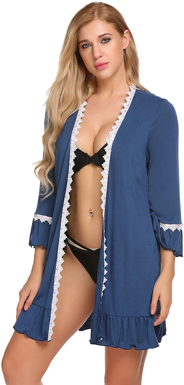 Price:$7.99 Ekouaer Women Cotton Trumpet Sleeve Loungewear Kimono Robes with Lace Trim Bathrobe Sleepwear at Amazon Women’s Clothing store