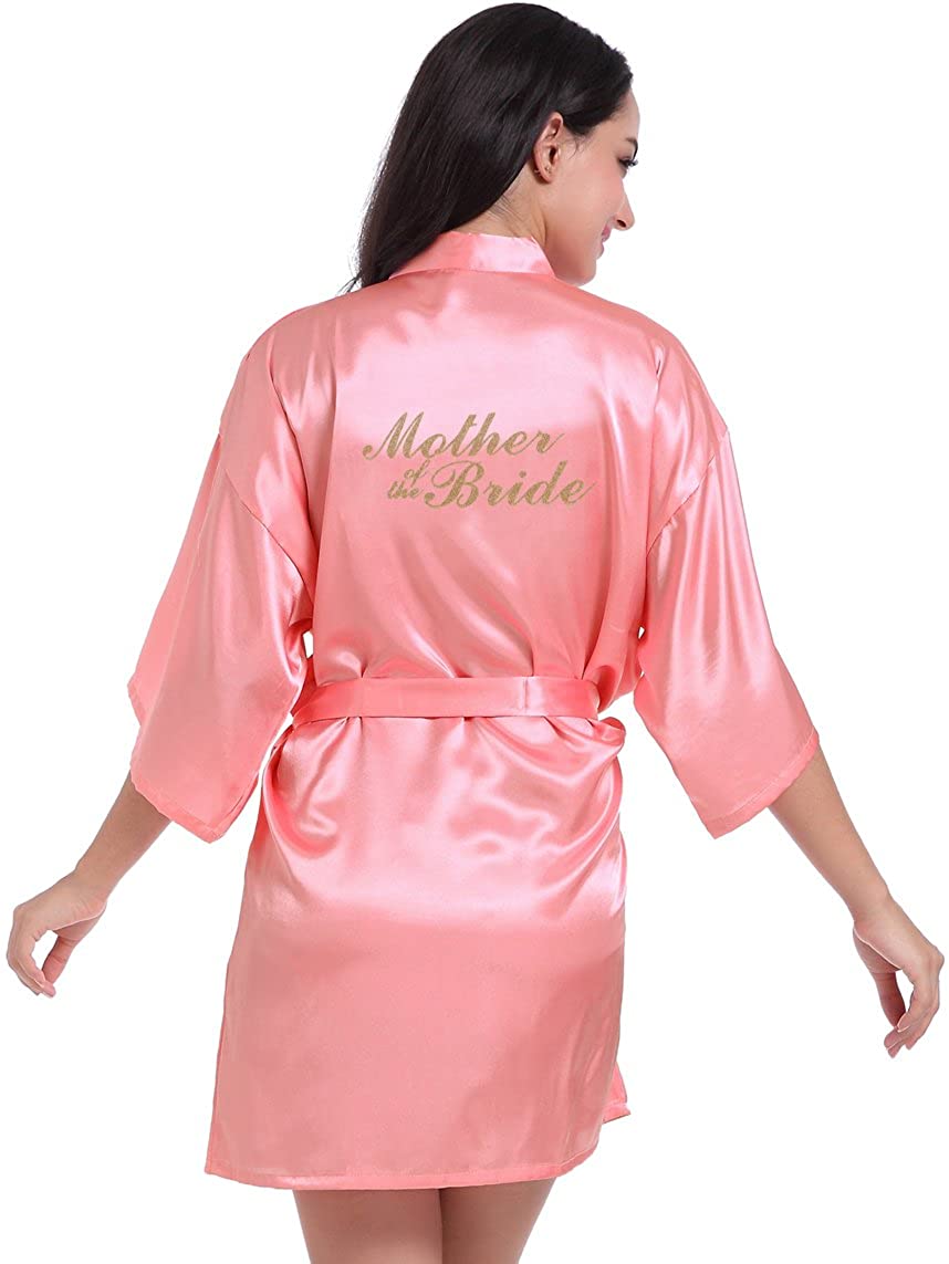 Price:$12.88 DF-deals Women's Satin Kimono Robe for Bridesmaid and Bride Wedding Party Getting Ready Short Robe with Gold Glitter at Amazon Women’s Clothing store