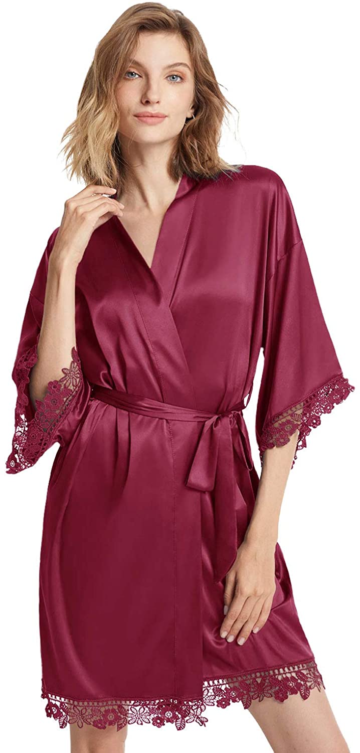 Price:$17.99 AW BRIDAL Women's Lace Trim Kimono Robe Nightwear Nightgown Sleepwear Satin Short Robe at Amazon Women’s Clothing store