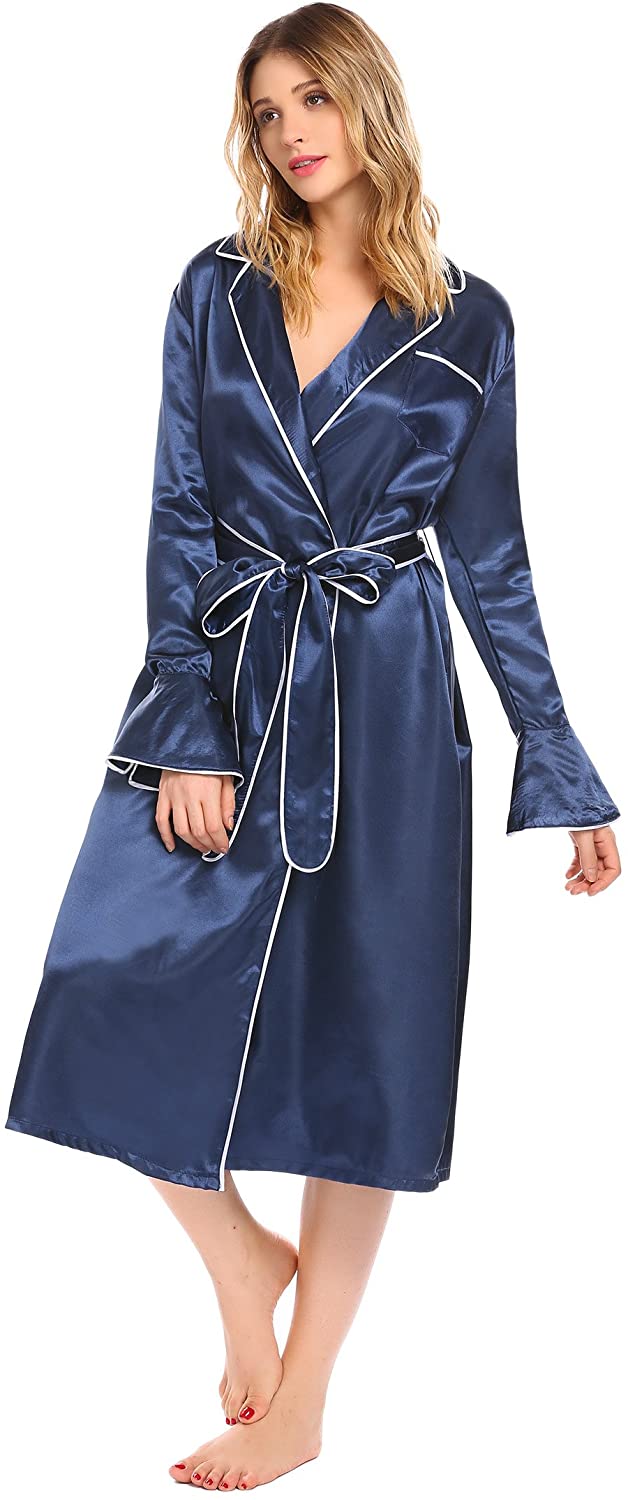 Price:$9.99 Ekouaer Womens Long Silk Satin Kimono Bathrobe Shawl Collar Long Sleeve Robe, Champlain, Small at Amazon Women’s Clothing store
