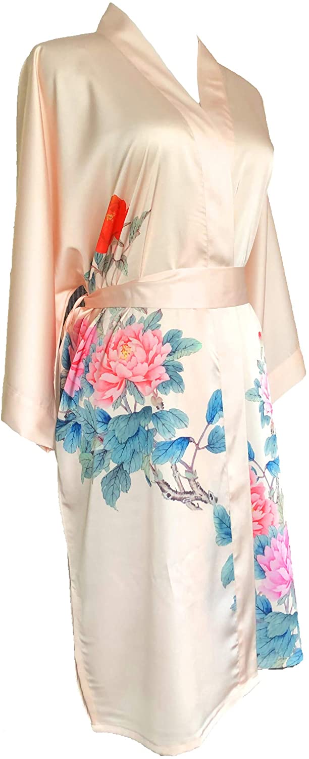 Price:$139.99 Grace Silk 100% Silk Short Robe Kimono, Peony, Peach at Amazon Women’s Clothing store