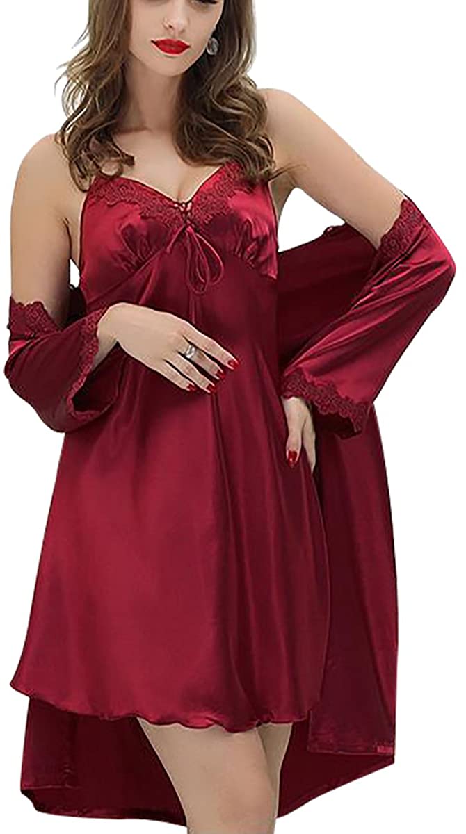 Price:$15.99 Aivtalk Women's Short Satin Nightgowns Silk Pajamas Set Soft Breathable Sleepwear Silky Loungewear 2 Piece Robe and Nightgown Set L at Amazon Women’s Clothing store