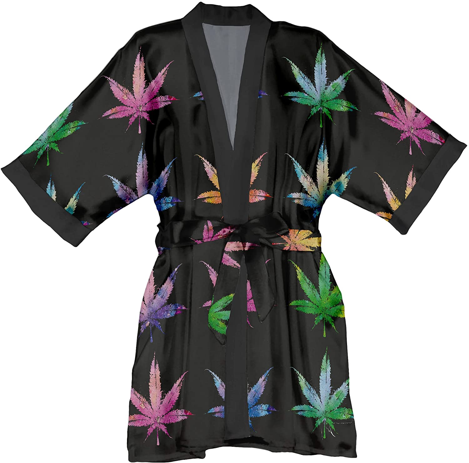 Price:$59.99 Lume.ly - Marijuana Weed Cannabis Pot Leaf Plant Faux Silk Polyester Kimono Robe, Unique Luxury Designer Vibrant Art (Black Multi Color) at Amazon Women’s Clothing store