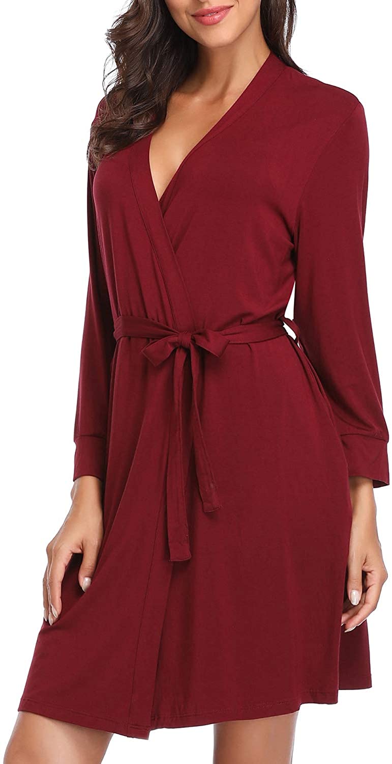 Price:$19.99 Lusofie Women Soft Robe Kimono Knit Sleepwear Bridesmaids Spa Robe Short Bathrobe(Wine red, L) at Amazon Women’s Clothing store