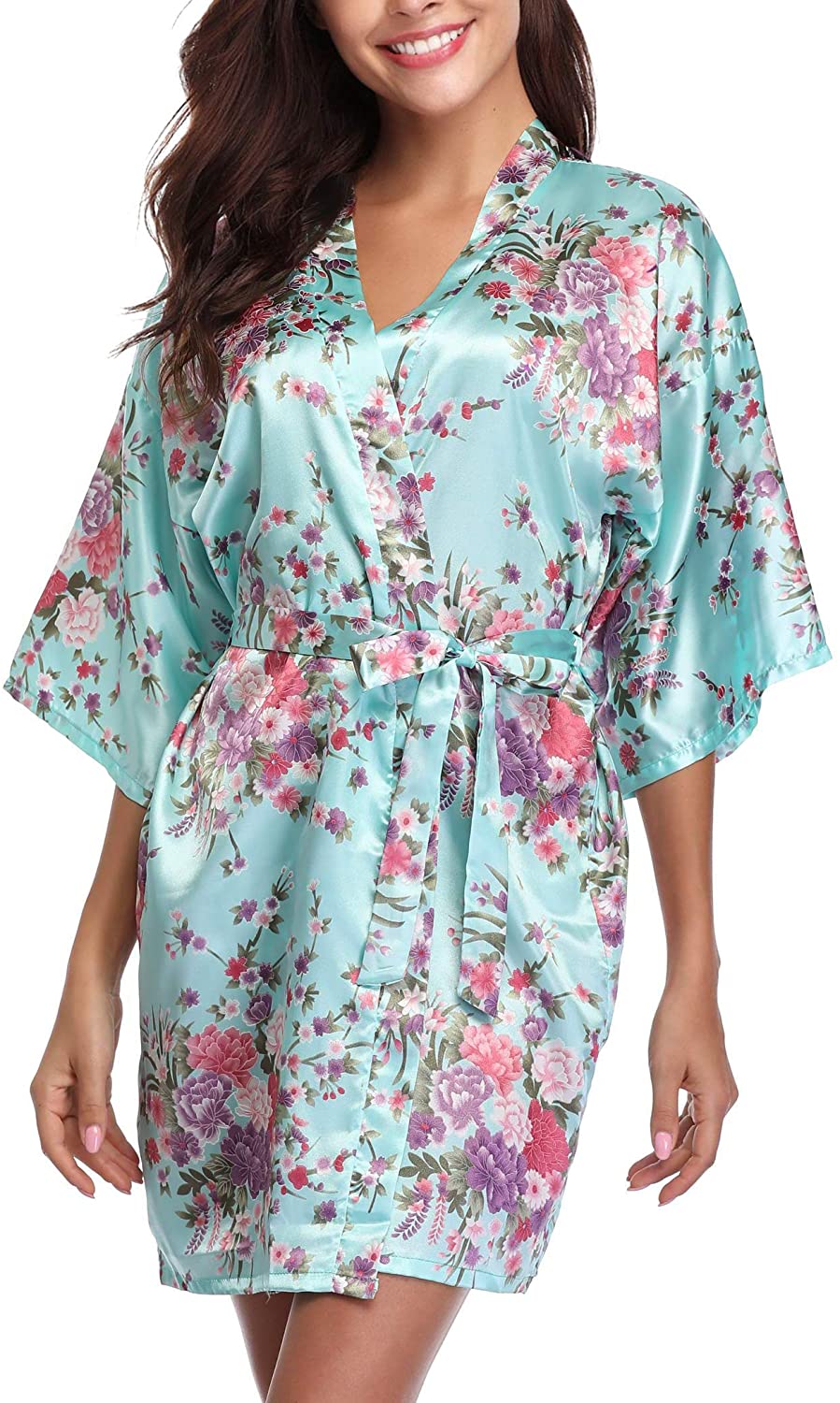 Price:$2.99 Sykooria Women's Floral Satin Robe Silk Bride Bridesmaid Robe for Wedding Party at Amazon Women’s Clothing store
