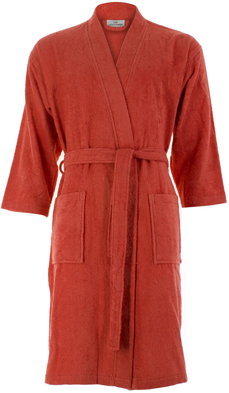 Price:$30.99 Cottonna 100% Turkish Cotton Bathrobe - Kimono Style - Knee Length - Terry Cloth Robe (Medium, Coral Pink) at Amazon Women’s Clothing store
