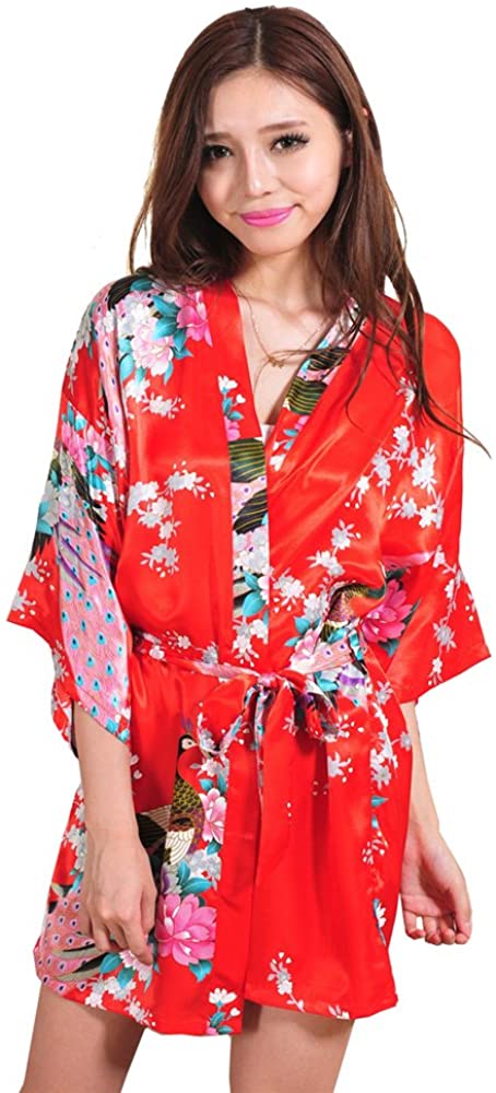 Price:$7.99 Women's Peacock Kimono Robes Satin Short Style V-Neck Robe Short Sleeve for Wedding Party at Amazon Women’s Clothing store