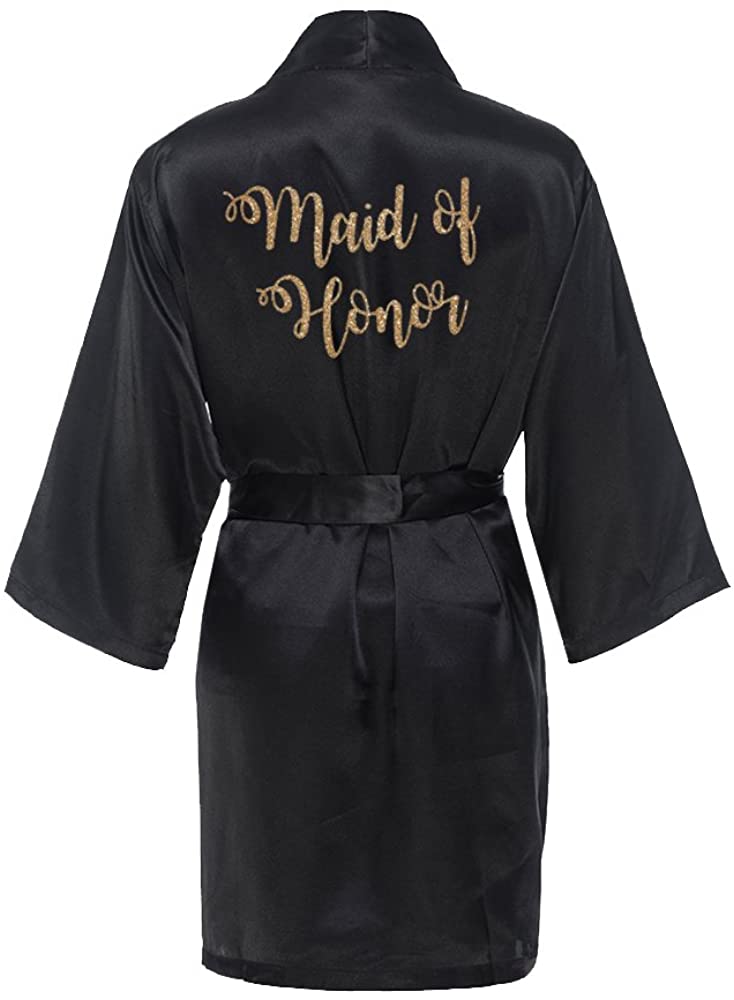 Price:$28.00 Maid of Honor Satin Kimono Robe with Gold Glitter - Bridal Party Robes - Satin Robes at Amazon Women’s Clothing store