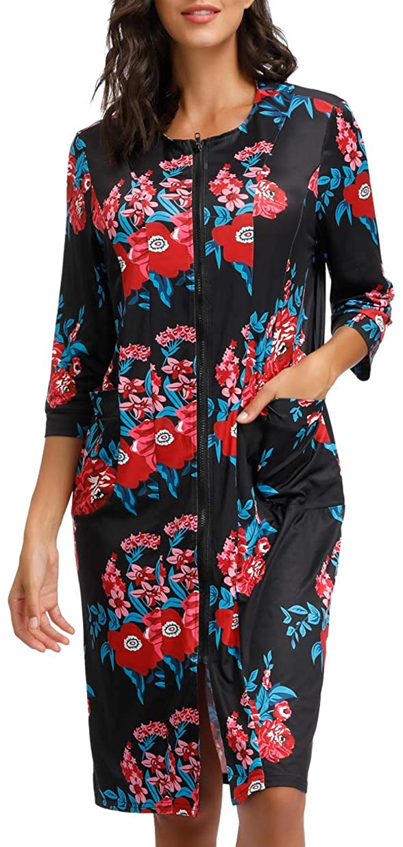 Price:$35.99 Women Kimono Robes with Pockets Floral Zip Robe Half Sleeve Cardigan with Zipper Floral Print Cover-up S-2XL at Amazon Women’s Clothing store
