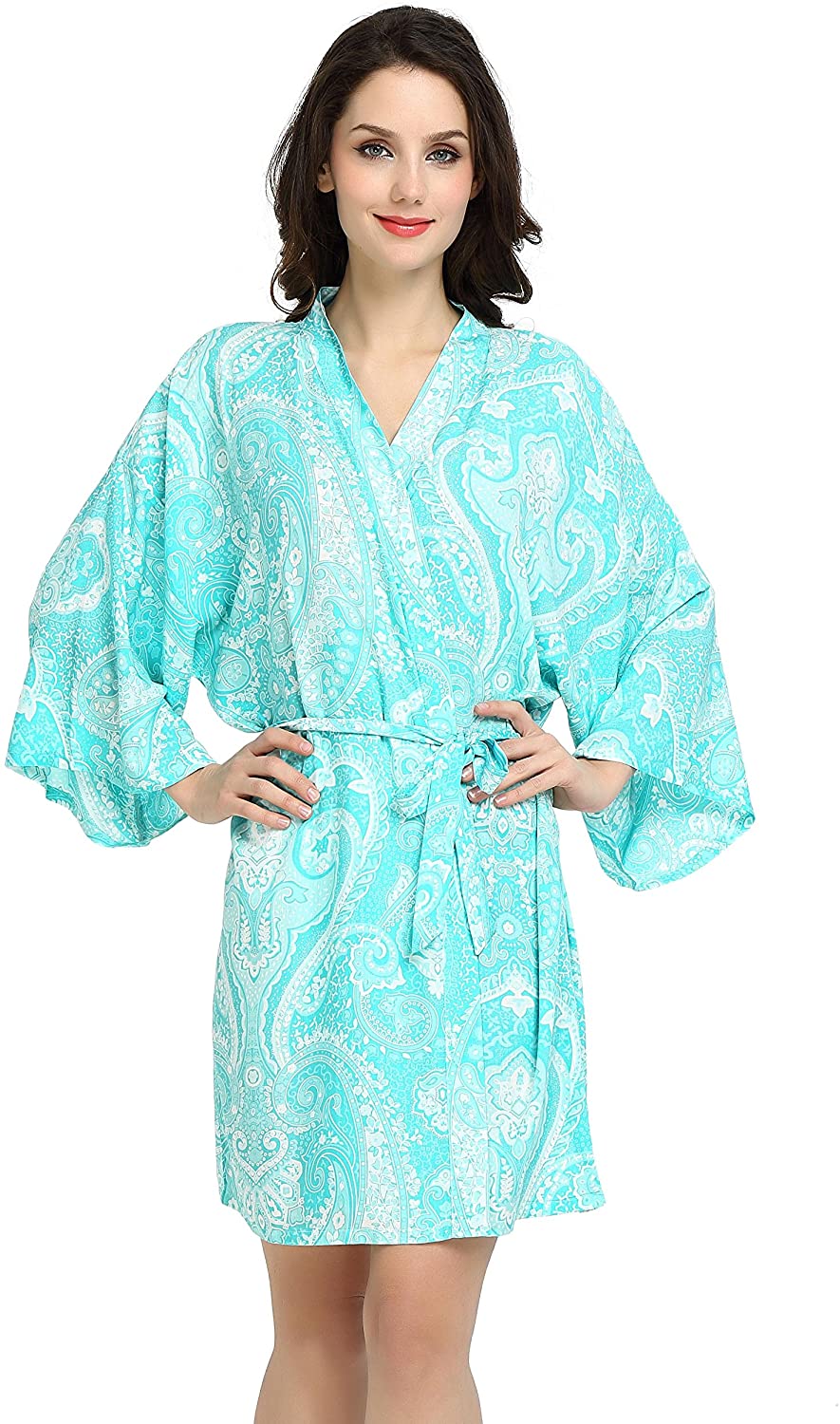 Price:$14.95 Aqua Paisley Robe, Bridesmaid Robe, Cotton, OSFM fits Sizes 0-14, at Amazon Women’s Clothing store