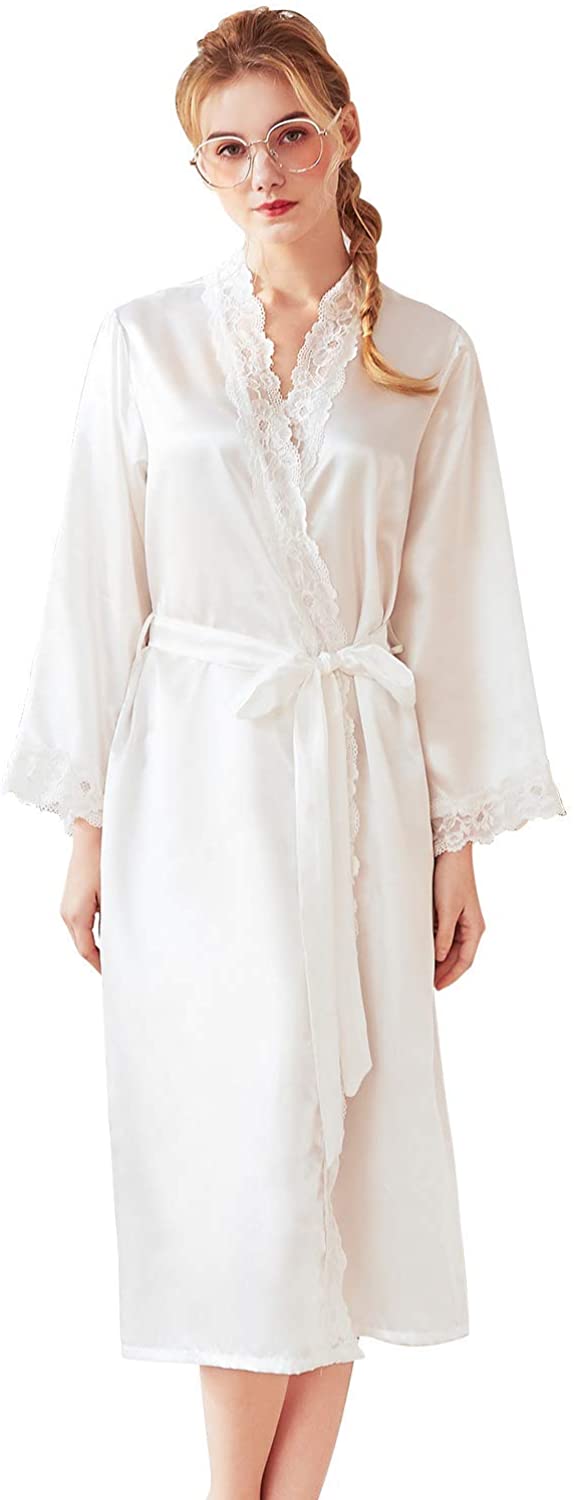 Price:$14.99    Greymond Women Satin Lace Trim Kimono Robe, Solid Sleepwear Long Silky Bathrobe Lady's Sexy V-Neck Pajamas Robes  Clothing