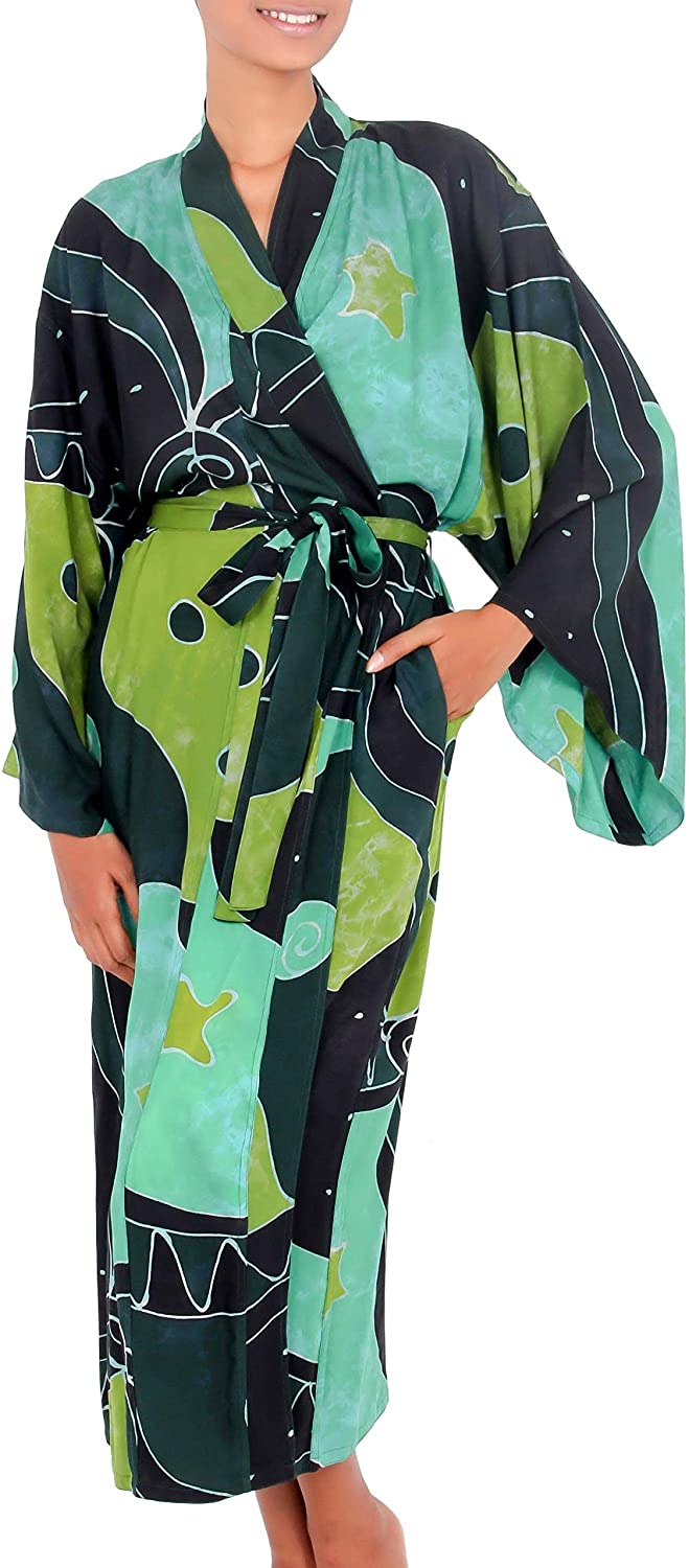 Price:$59.99 NOVICA Green and Black Women's Batik Robe, Emerald Birds' (One Size Fits Most) at Amazon Women’s Clothing store  Bathrobes