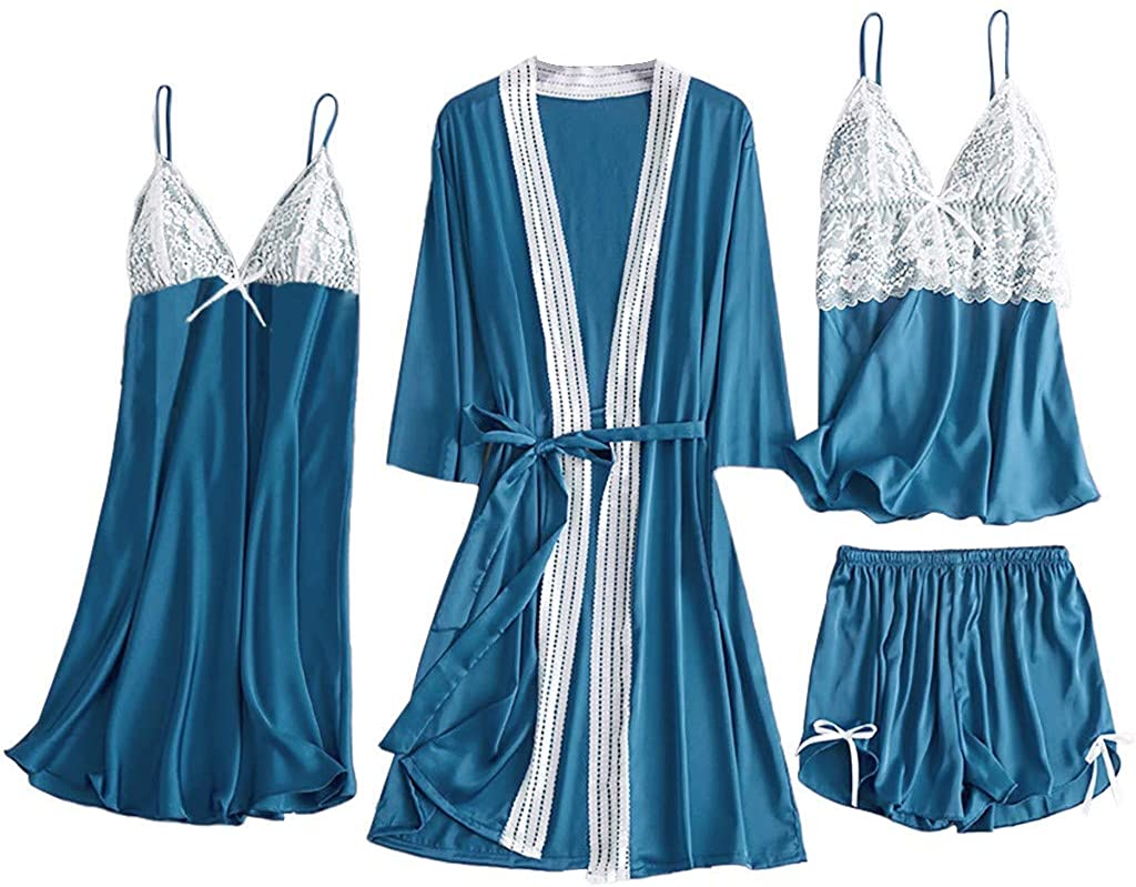 Price:$18.99 Goldweather Women Silky Robe Set Sexy Lace Kimono Bathrobe Camisole Shorts Nightdress Sleepwear at Amazon Women’s Clothing store