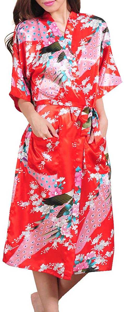 Price:$12.99 Ancia Women Kimono Long Robe Satin Printed Nightwear Bridesmaid Bathrobe Sleepwear at Amazon Women’s Clothing store