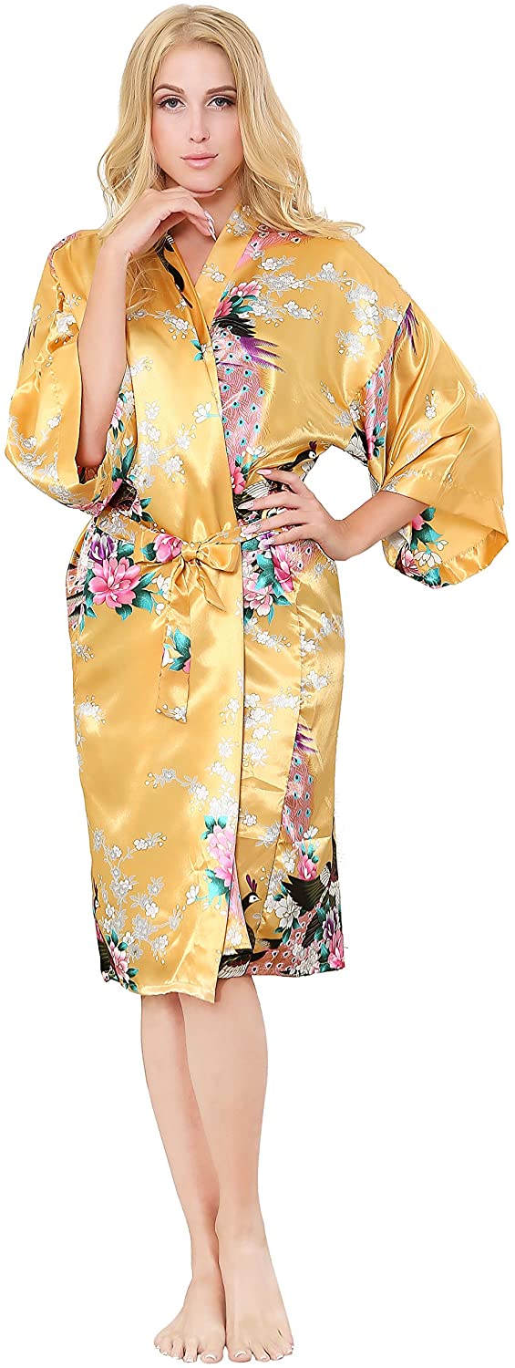 Price:$7.99 ALLINLOVER Women's Floral Kimono Robe Silk Peacock Printing Soft Breathable for Bride and Bridesmaids Nightgown at Amazon Women’s Clothing store