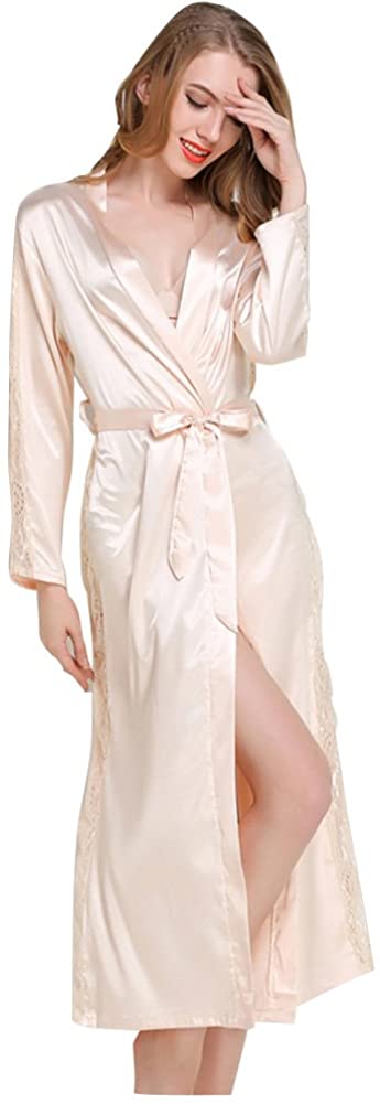 Price:$38.99 Womens Kimono Bathrobe Long, Satin Robe Lace Trim Silky Sexy Robes Sleepwear Loungewear at Amazon Women’s Clothing store