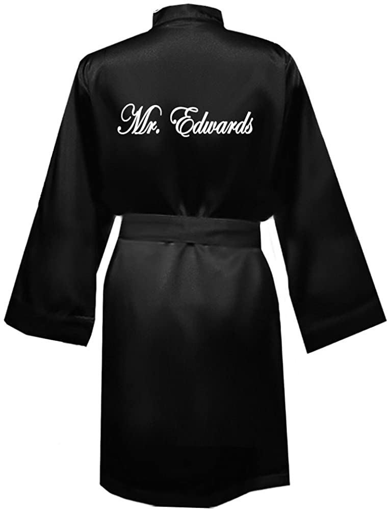 Price:$56.00 Personalized Mr. Satin Groom Robe - Black at Amazon Women’s Clothing store