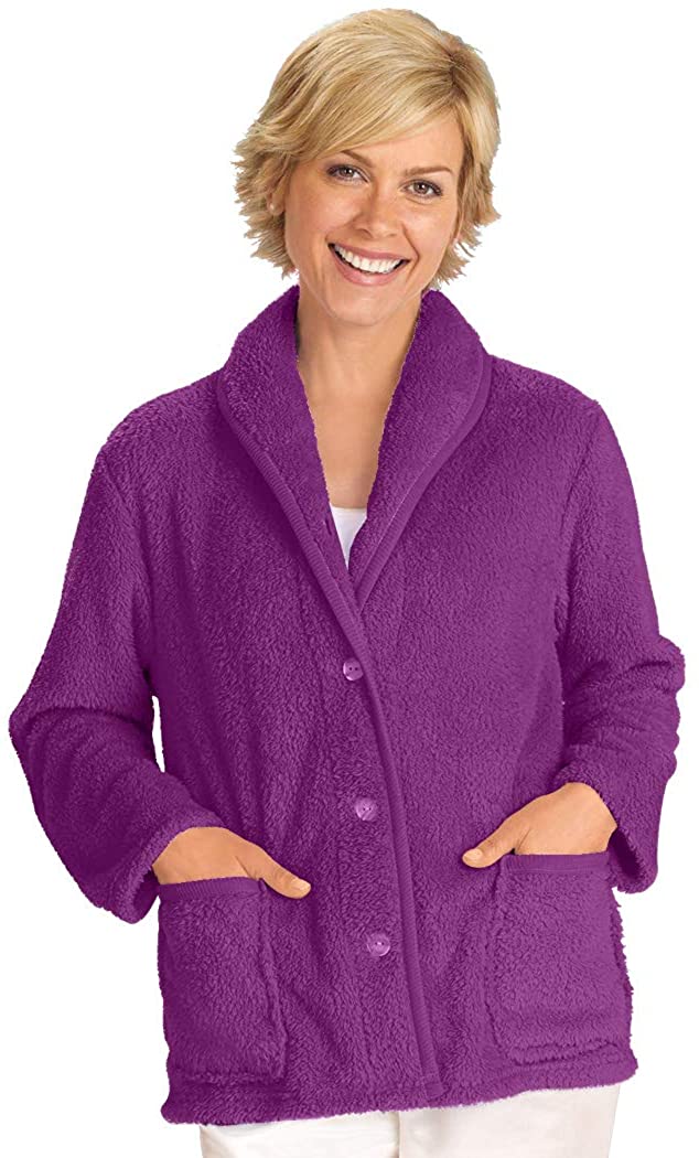 Price:$14.99 AmeriMark Fleece Bed Jacket Short Robe Nightwear Patch Pockets and Shawl Collar at Amazon Women’s Clothing store