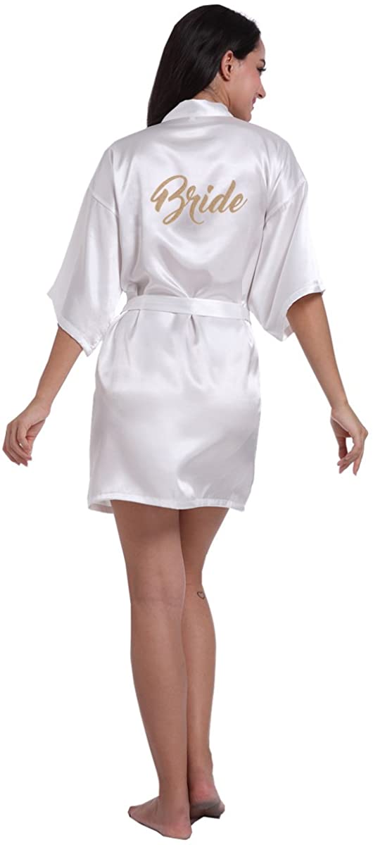 Price:$9.99 buyerfirst Satin Kimono Wedding Party Getting Ready Robe with Gold Glitter at Amazon Women’s Clothing store