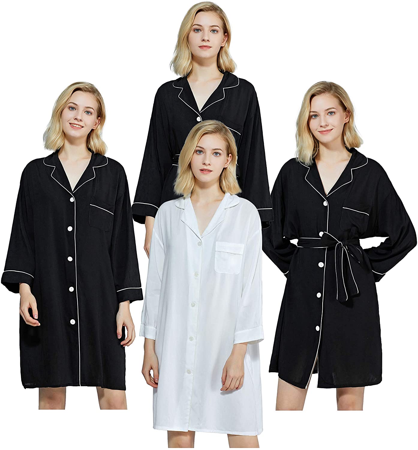 Price:$95.92 Bridesmaid Boyfriend Shirt - Set of 4 - Black -Wedding Getting Ready Robe - Best Gift for Bridal Party - Shower Present - Bride Sleep Shirt - Womens PJs - Cotton - Ladies OSFM - Button Down - Sash at Amazon Women’s Clothing store