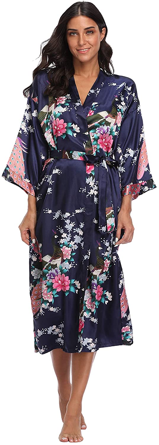 Price:$9.99 Womens Long Kimono Robe Satin Floral Bathrobe Dressing Gown for Bridesmaid Wedding Party at Amazon Women’s Clothing store