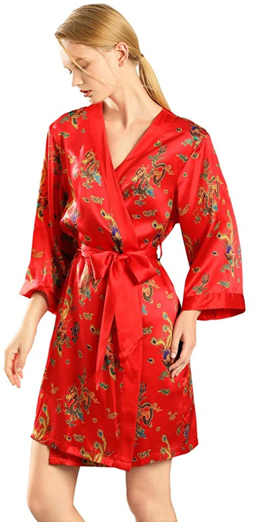 Price:$118.00 Dynasty Robes 100% Silk, Women's Short Printed Red Robe with Kimono Collar at Amazon Women’s Clothing store