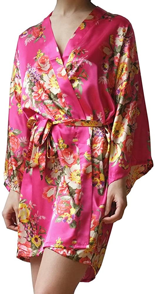 Price:$12.99 SYLYLJ Women's Satin Floral Short Kimono Robes for Bride and Bridesmaid Wedding Party Robes Nursing Gown at Amazon Women’s Clothing store