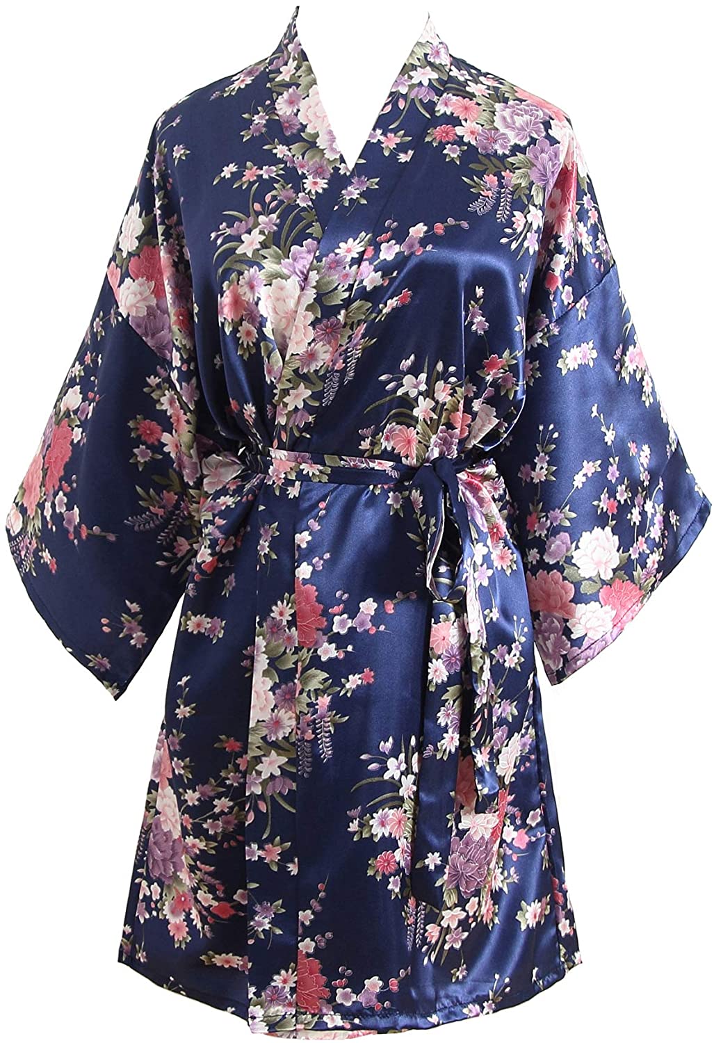 Price:$10.80 luxurysmart Cherry Blossoms Floral Satin Kimono Robe, Navy Blue, One Size at Amazon Women’s Clothing store