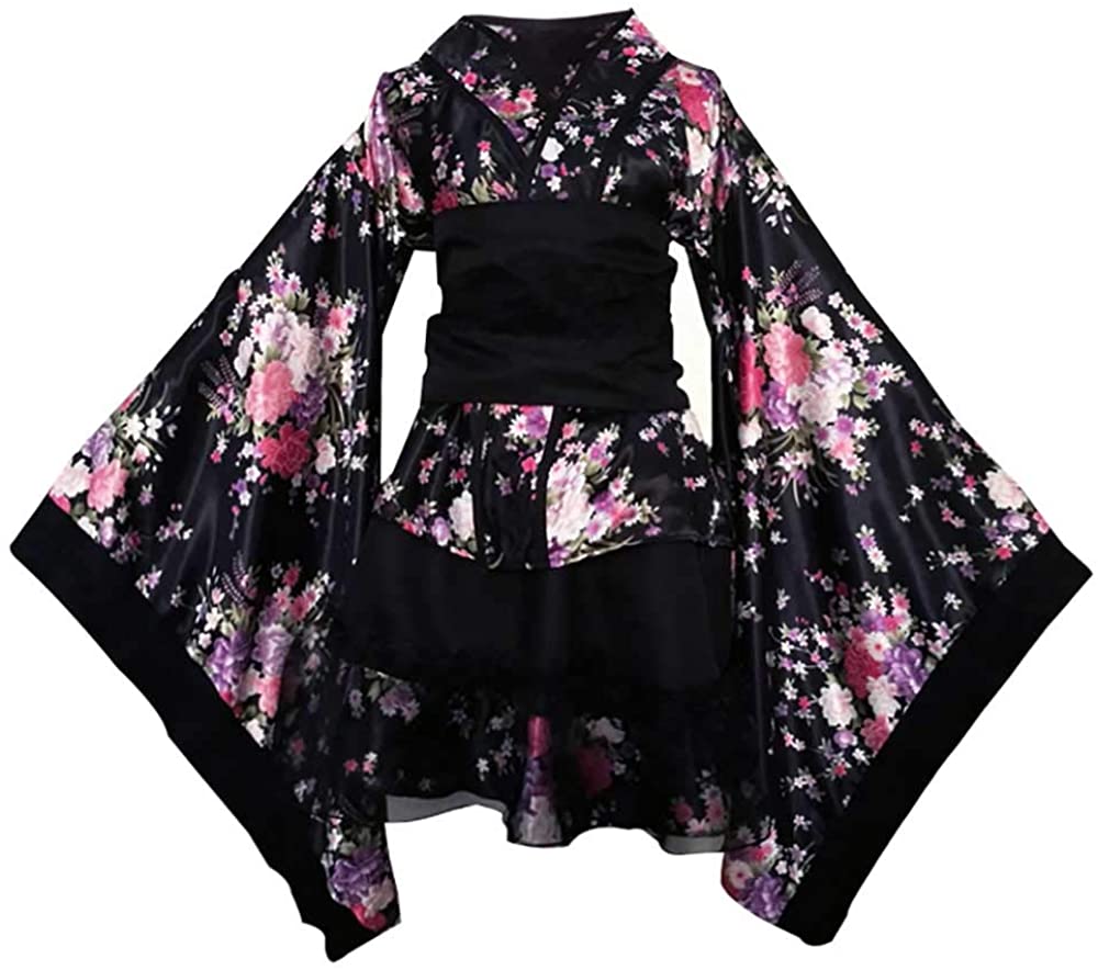 Price:$9.99 Women's Short Kimono Dress with OBI Belt Gothic Lolita Yukata Robe Japanese Traditional Kimono Cosplay Fancy Dress at Amazon Women’s Clothing store