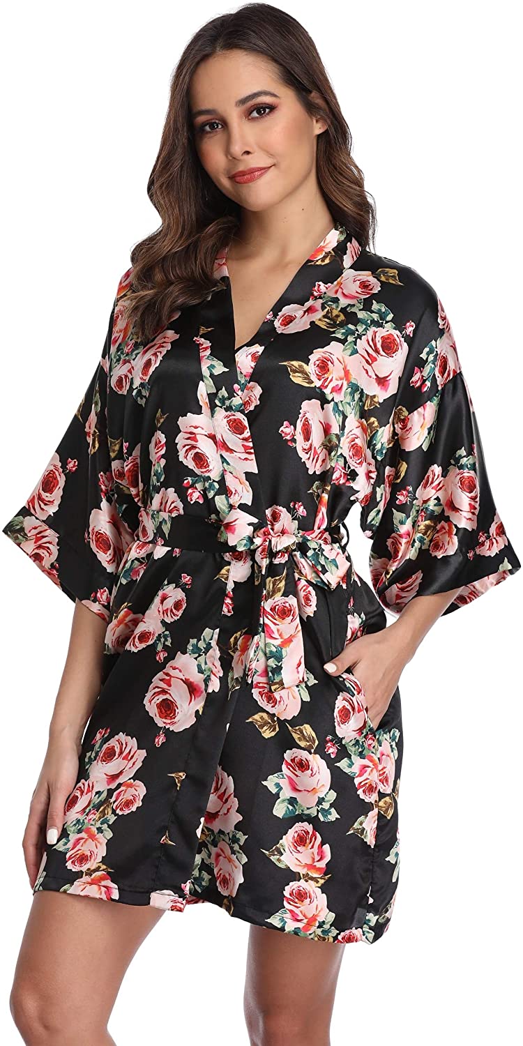Price:$9.99 1stmall Women's Floral Satin Kimono Bridesmaid Robe Wedding Party Short Robe with Pockets at Amazon Women’s Clothing store