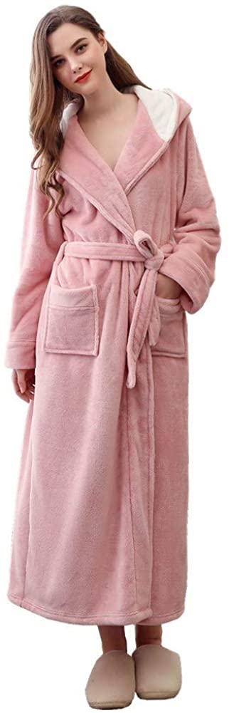 Price:$33.98 LeDan Hooded Flannel Couple Bathrobe Women Men Thick Warm Nightgown at Amazon Women’s Clothing store