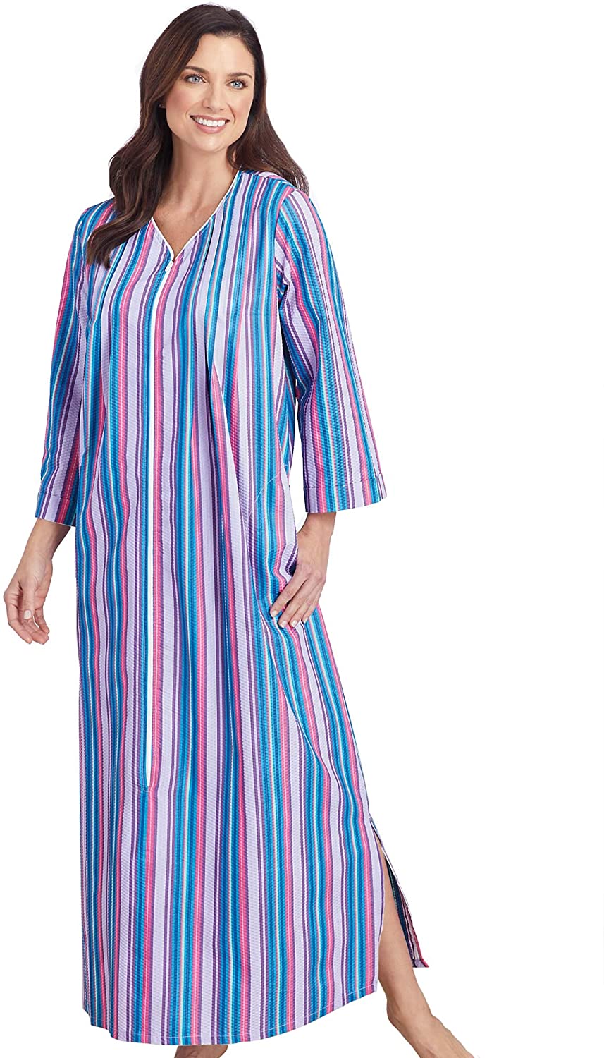 Price:$24.99 AmeriMark Women's Striped Robe Caftan Partial Zip V-Neck Long with Side Slit at Amazon Women’s Clothing store