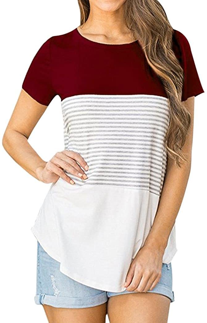 Price:$10.06 Showking Women Summer Short Sleeve Triple Color Block Stripe Cotton T-Shirt Casual Blouse at Amazon Women’s Clothing store