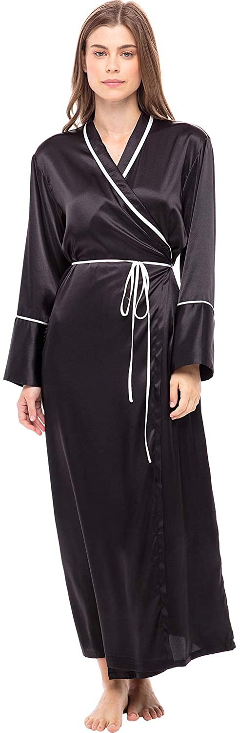 Price:$49.99 Alexaner Del Rossa Women’s Long Satin Robe with Contrast Piping- Tie Belt, Pockets, Full Length at Amazon Women’s Clothing store