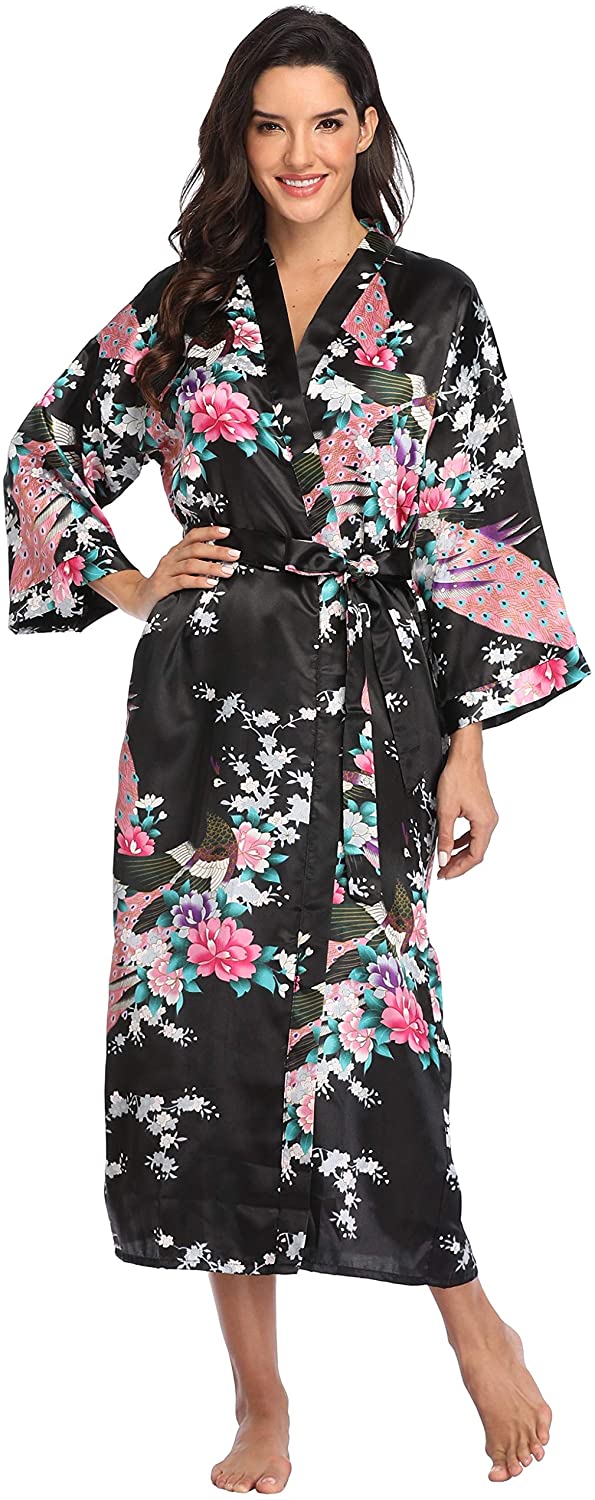 Price:$9.99 Mignon Cromwell Women's Long Floral Robe Bride Bridemaids Dressing Gown Silky at Amazon Women’s Clothing store