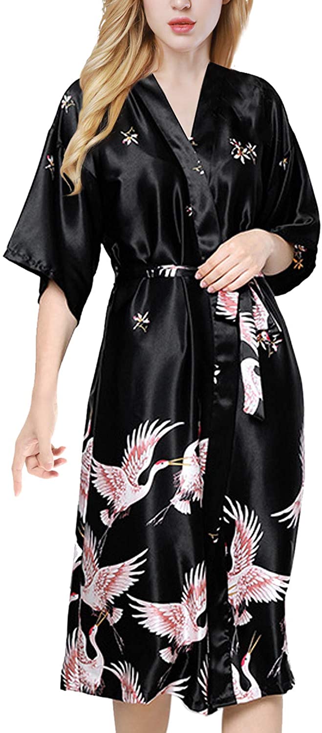 Price:$15.99 ETAOLINE Womens Satin Kimono Robe Printed Bathrobes Bridal Dressing Gown at Amazon Women’s Clothing store