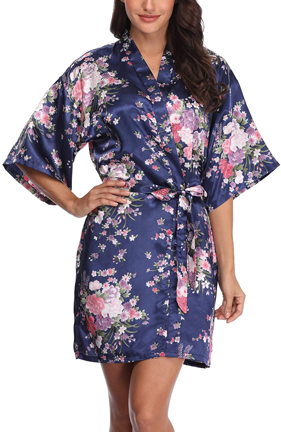 Price:$6.99 M.Mystery Women's Floral Robe Short Silk Bridal Bathrobe Satin Kimono Wedding Sleepwear at Amazon Women’s Clothing store