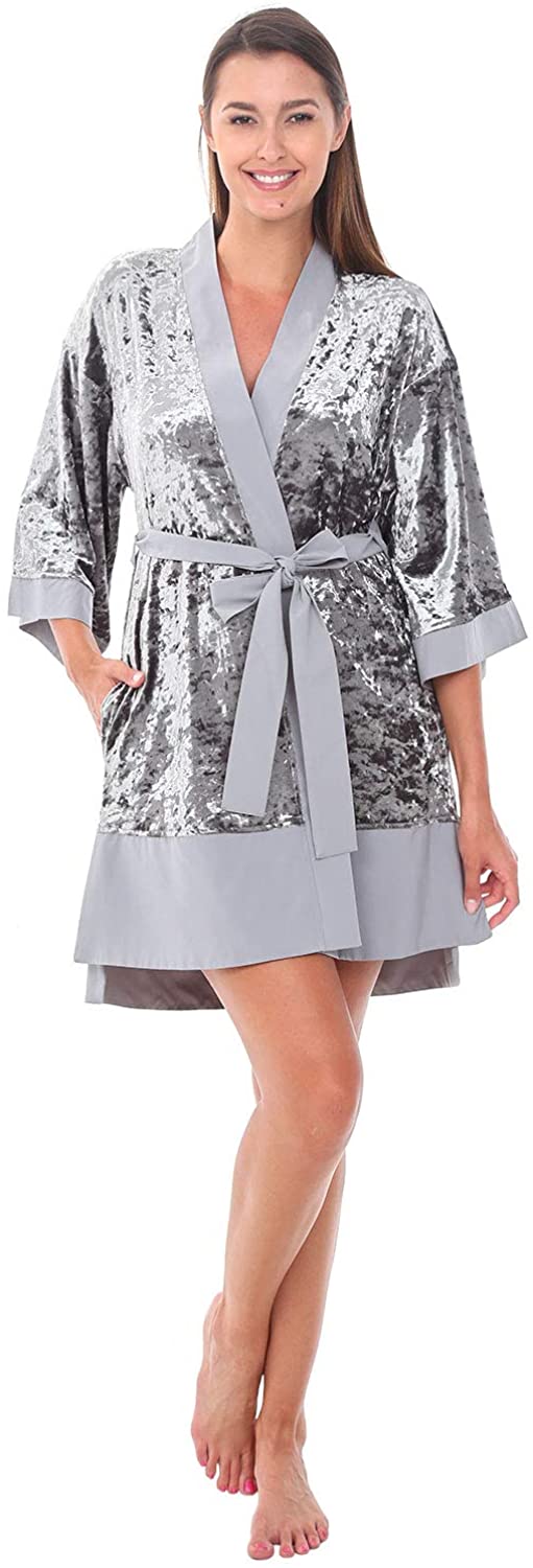Price:$34.99 Alexander Del Rossa Womens Short Fleece Kimono Robe, Bathrobe with Trim at Amazon Women’s Clothing store